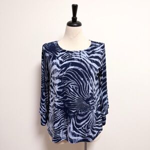 Clara Sun Woo Navy Blue Zebra Swirl Round Neck 3/4 Lagenlook Sleeve Top Medium